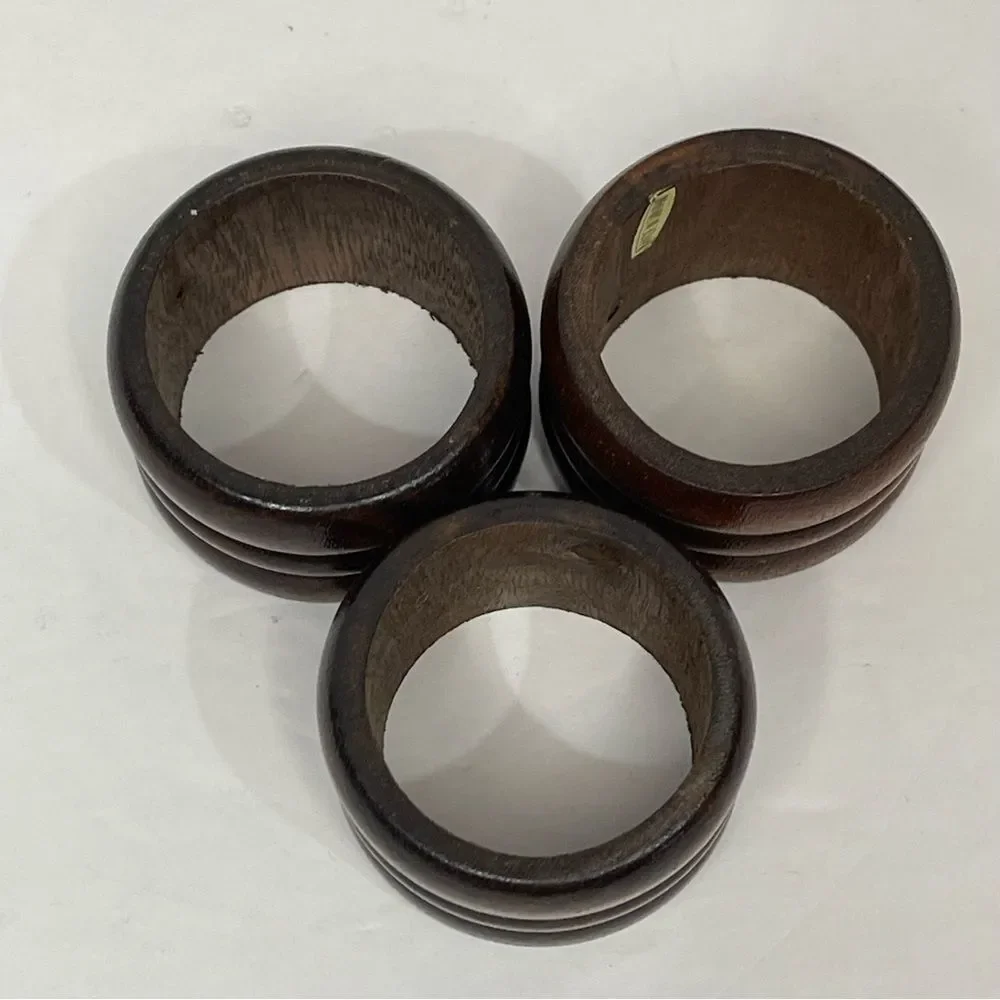 Rustic Wood Napkin Rings MCM Retro Cabin Farmhouse Casual Dark Brown Set of 7